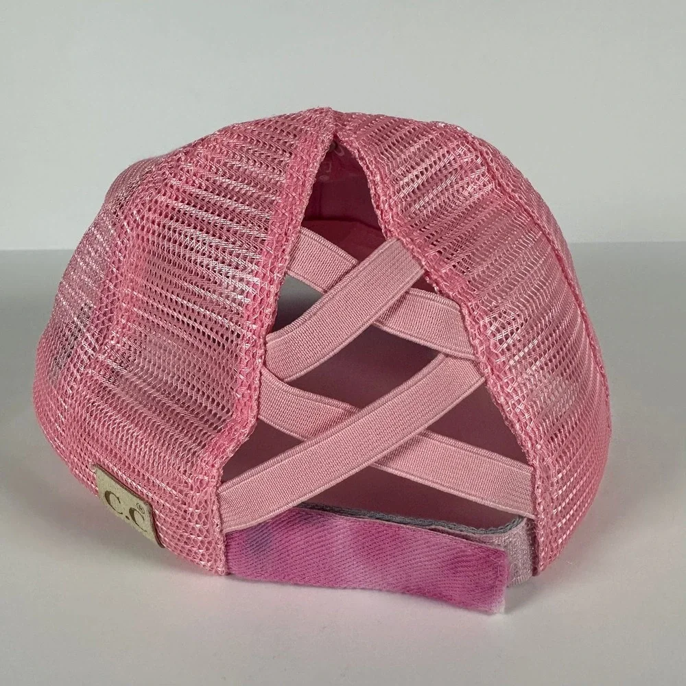 CC Kids Pink Tie Dye Distressed Baseball Cap Criss Cross‎ Ponytail Trucker Hat